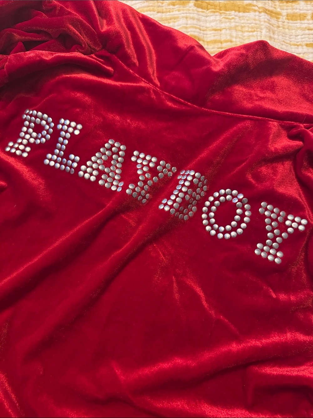 PLAYBOY Red Velvet Zip-Up Crop Jacket with Black Star Detail